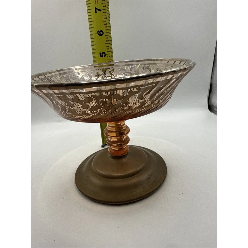 Vintage Fostoria Royal Style Amber Etched Glass Compote Or Candy Footed Bowl